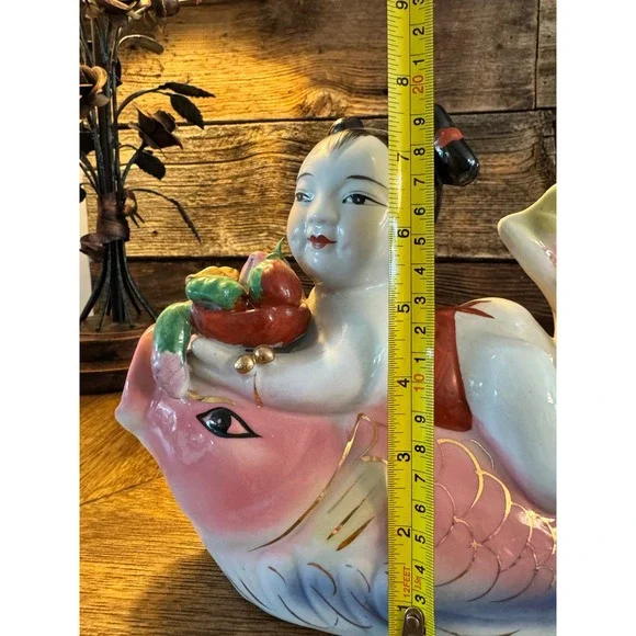 Vintage Chinese Porcelain tongzi Riding Koi Fish Figurines Gold Gilt Pair 2pc